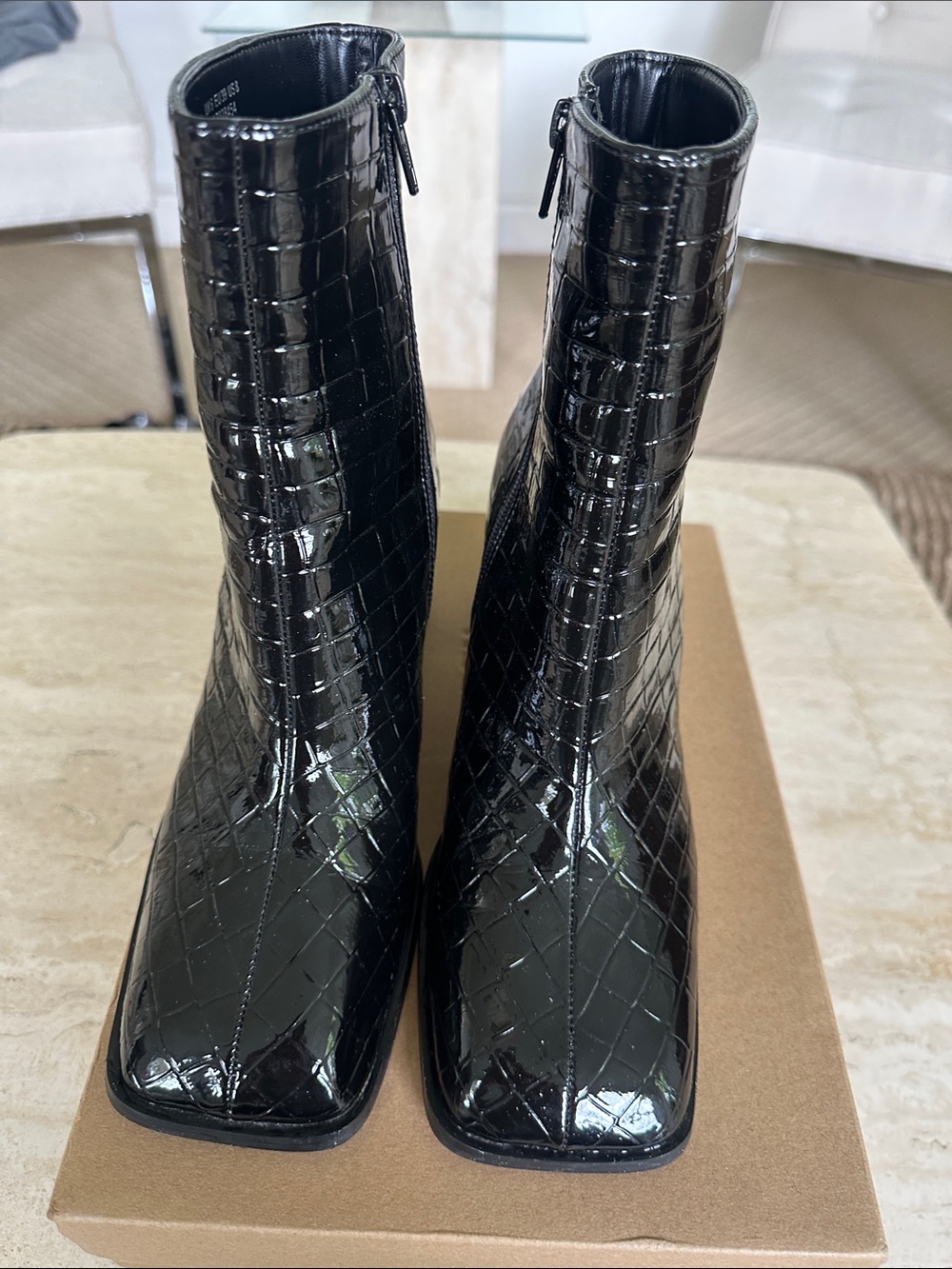 Topshop Black Croc-Embossed Patent Square-Toe Ankle Boots
